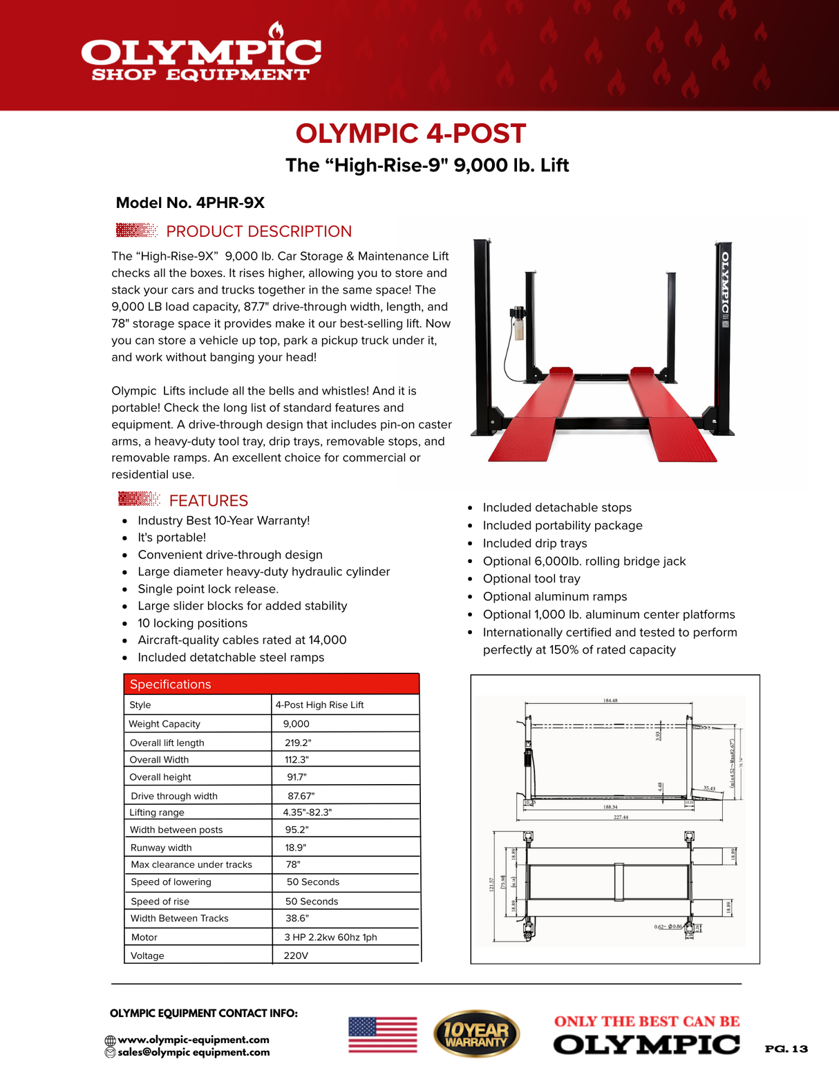 Olympic Equipment 9,000 lb High-Rise Portable Storage 4-Post Car Lift 4PHR-9X