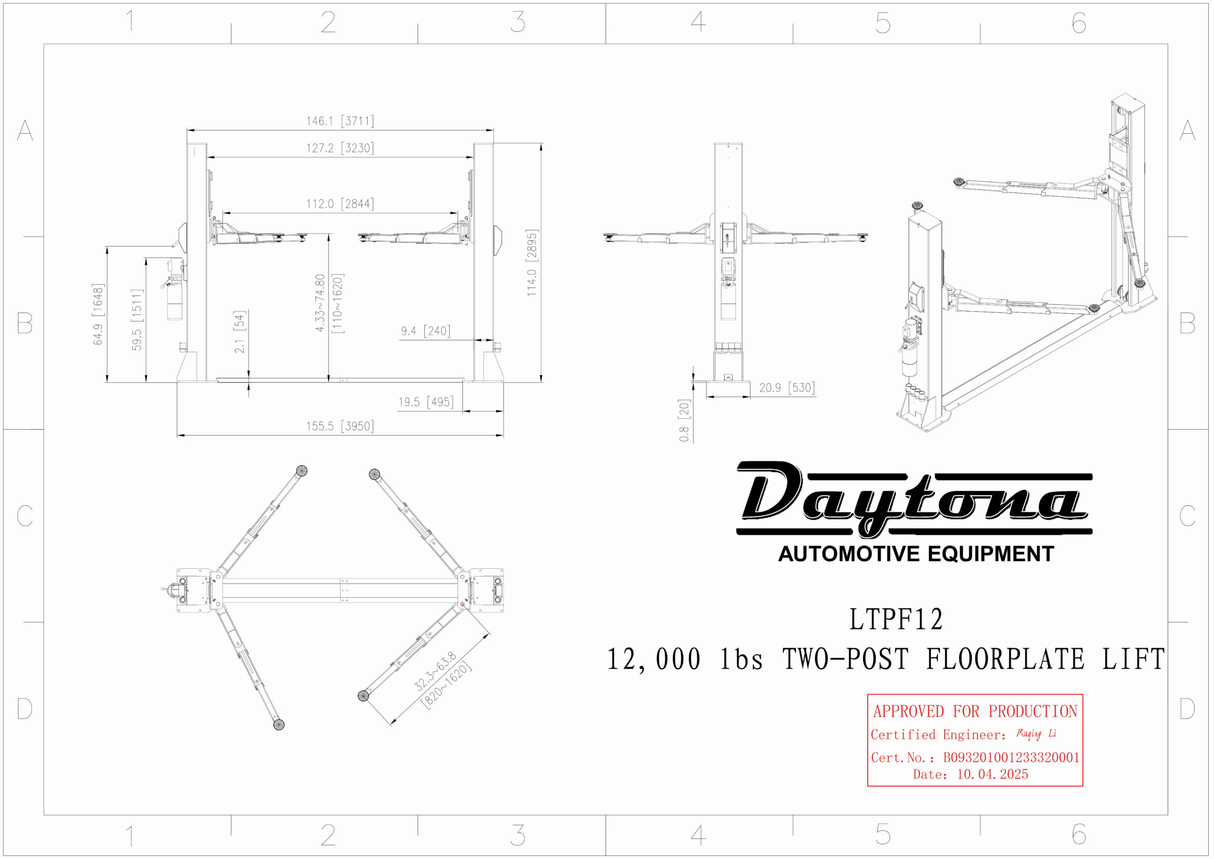 Daytona 12,000 lb 2-Post Floorplate Car Lift LTPF12