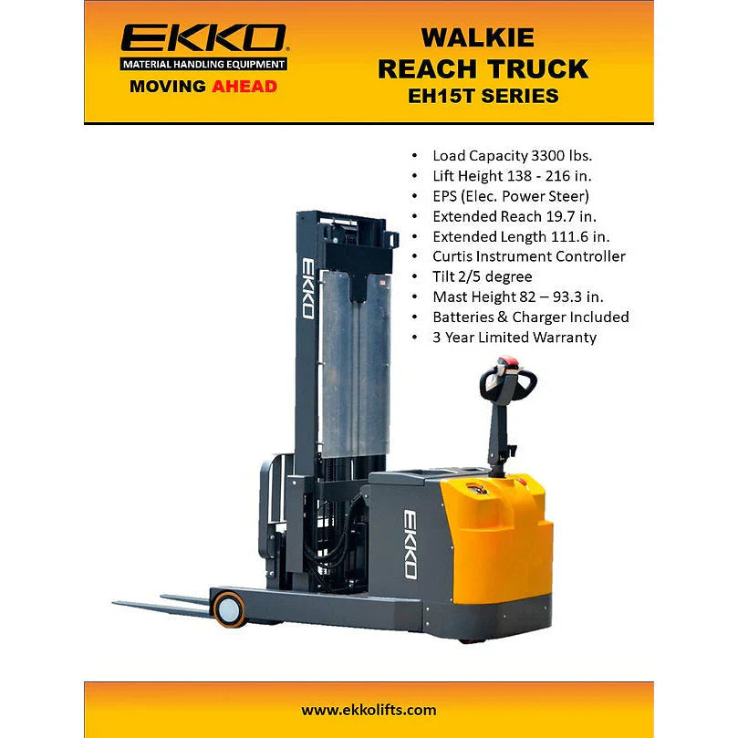 Electric Walkie Reach Truck | 3300 lbs. Capacity | Lift Height 216''| EKKO EH15TH