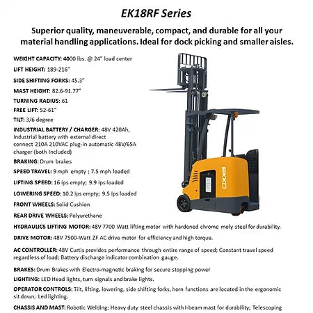 Stand-up Rider Forklift | 4000 lbs Capacity | Raised Height 216'' | EKKO EK18RF
