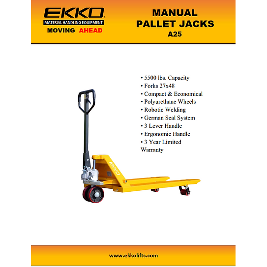 Manual Pallet Jack | 5500 lbs Capacity | Raised Height 7.5'' | EKKO A25