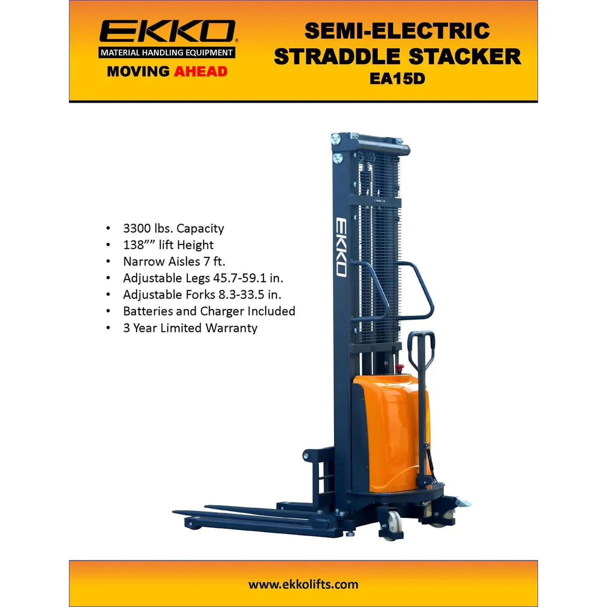 Semi-Electric Straddle Stacker | 3300 lbs Capacity | Lift Height 138'' | EKKO EA15D