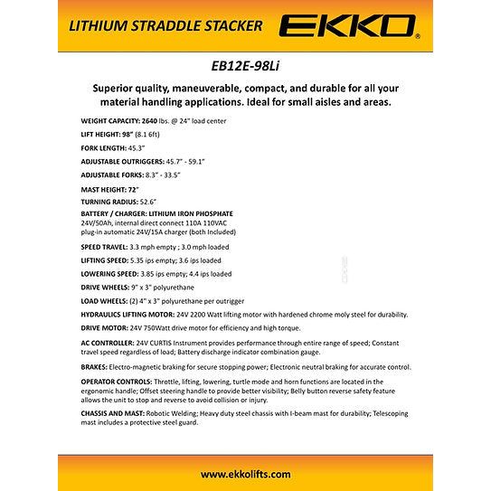 Electric Straddle Stacker | 2640 lbs Capacity | Lift Height 98'' | EKKO EB12E-98Li