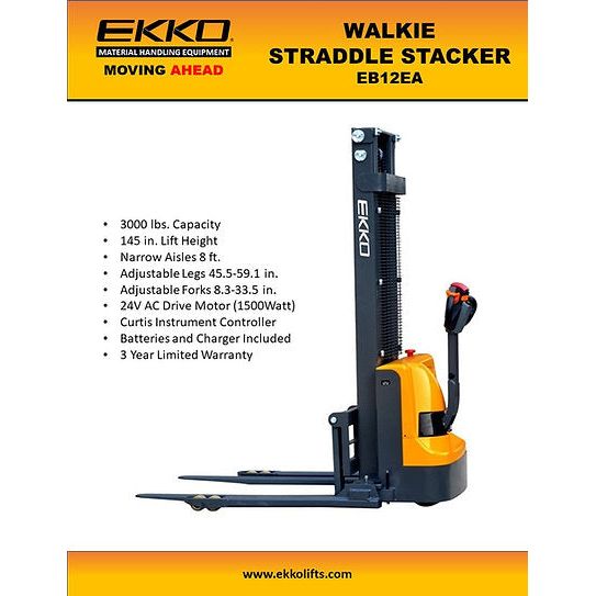 Electric Straddle Stacker | 3000 lbs Capacity | Lift Height 145.67'' | EKKO EB12EA