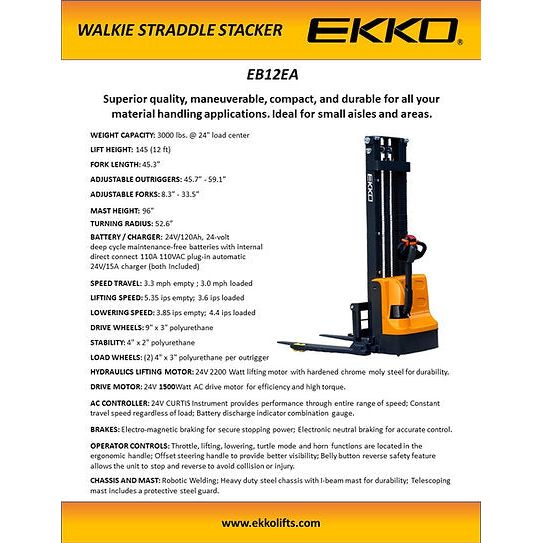 Electric Straddle Stacker | 3000 lbs Capacity | Lift Height 145.67'' | EKKO EB12EA