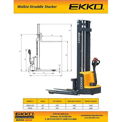 Electric Straddle Stacker | 2800 lbs Capacity | Lift Height 138'' | EKKO EB13E-138