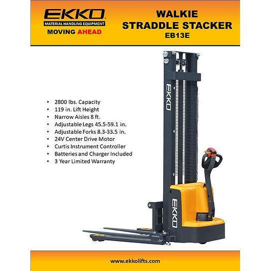 Electric Straddle Stacker | 2800 lbs Capacity | Lift Height 119'' | EKKO EB13E