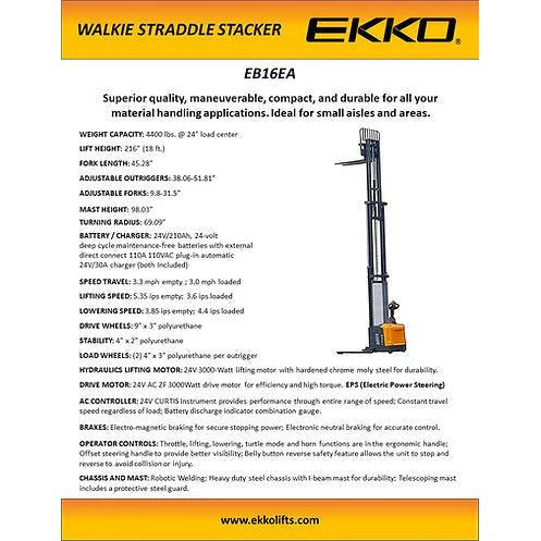 Electric Straddle Stacker | 4400 lbs Capacity | Lift Height 216'' | EKKO EB16EA