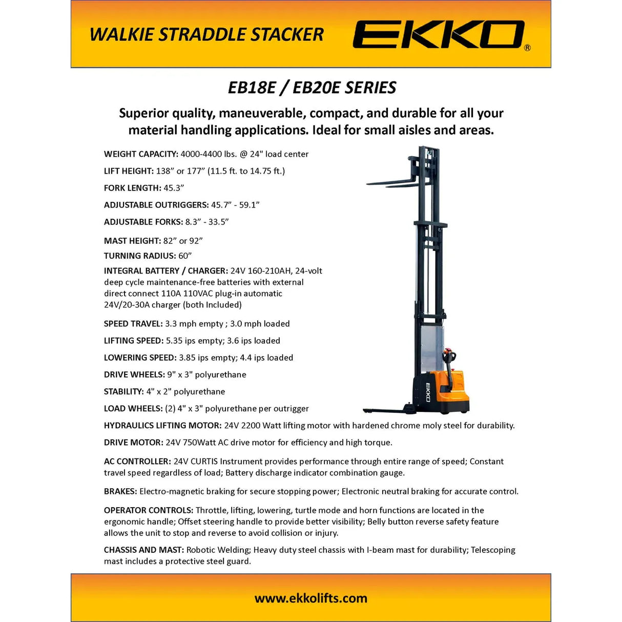 Electric Straddle Stacker | 4400 lbs Capacity | Lift Height 177'' | EKKO EB20E