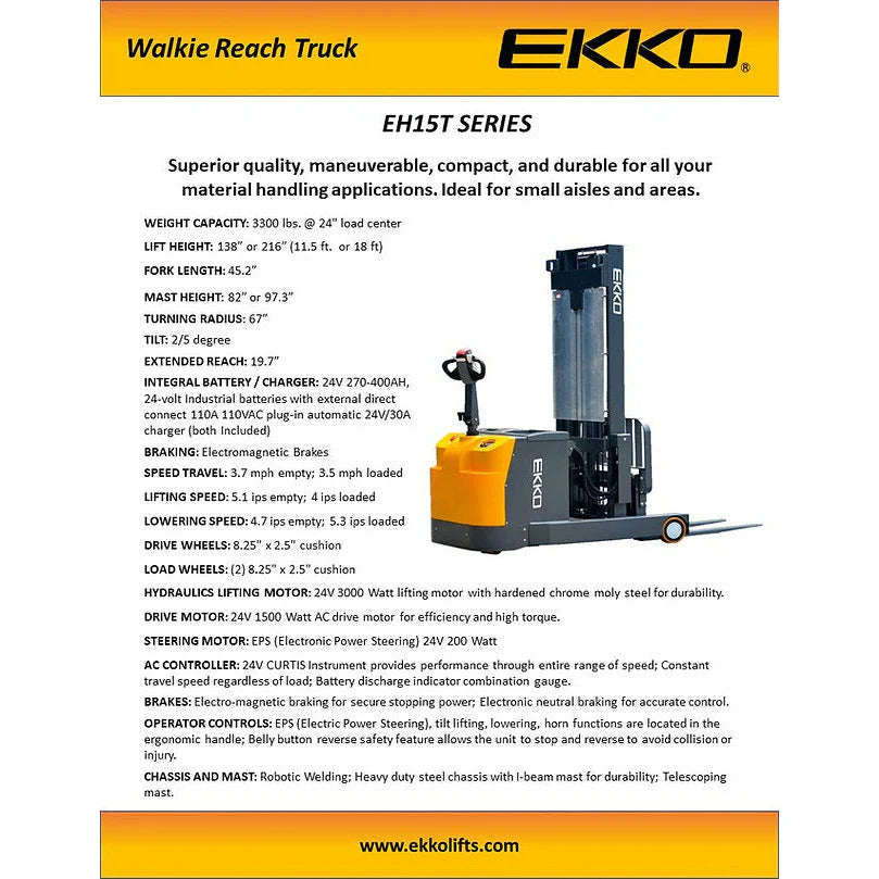 Electric Walkie Reach Truck | 3300 lbs. Capacity | Lift Height 138''| EKKO EH15T