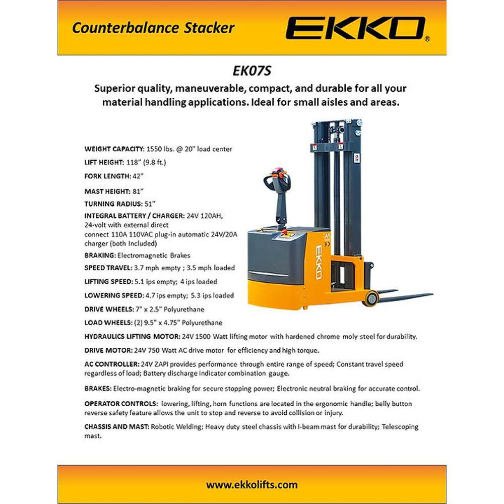 Electric Counterbalanced Walkie Stacker | 1550 lbs. | Lift Height 118''| EKKO EK07S