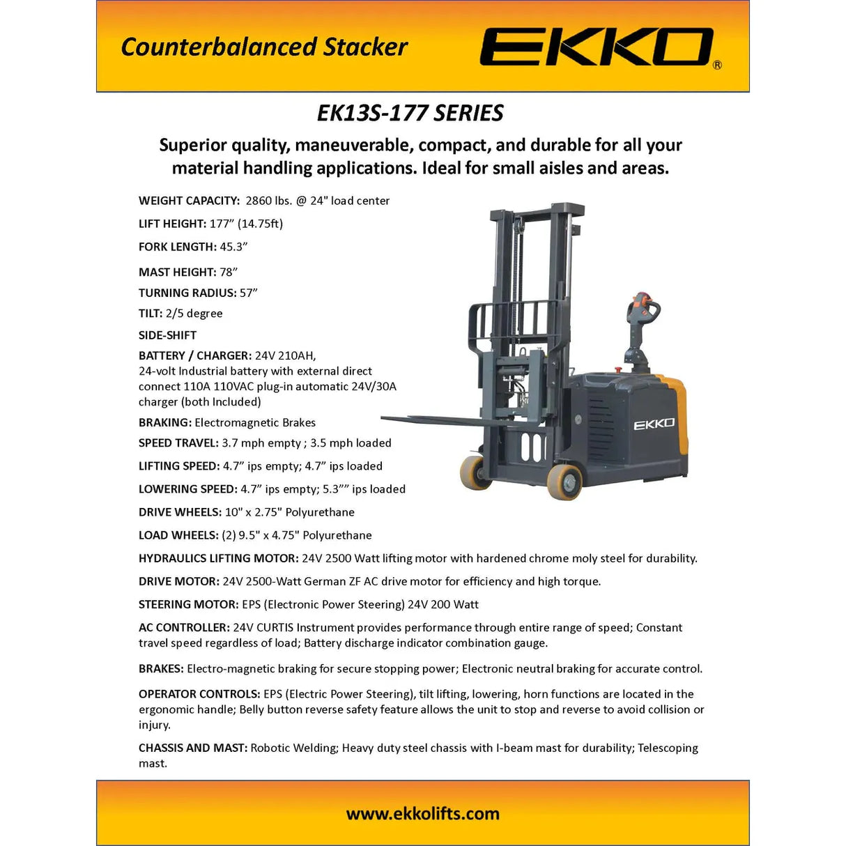 Electric Counterbalanced Walkie Stacker | 2860 lbs. | Lift Height 177''| EKKO EK13S-177