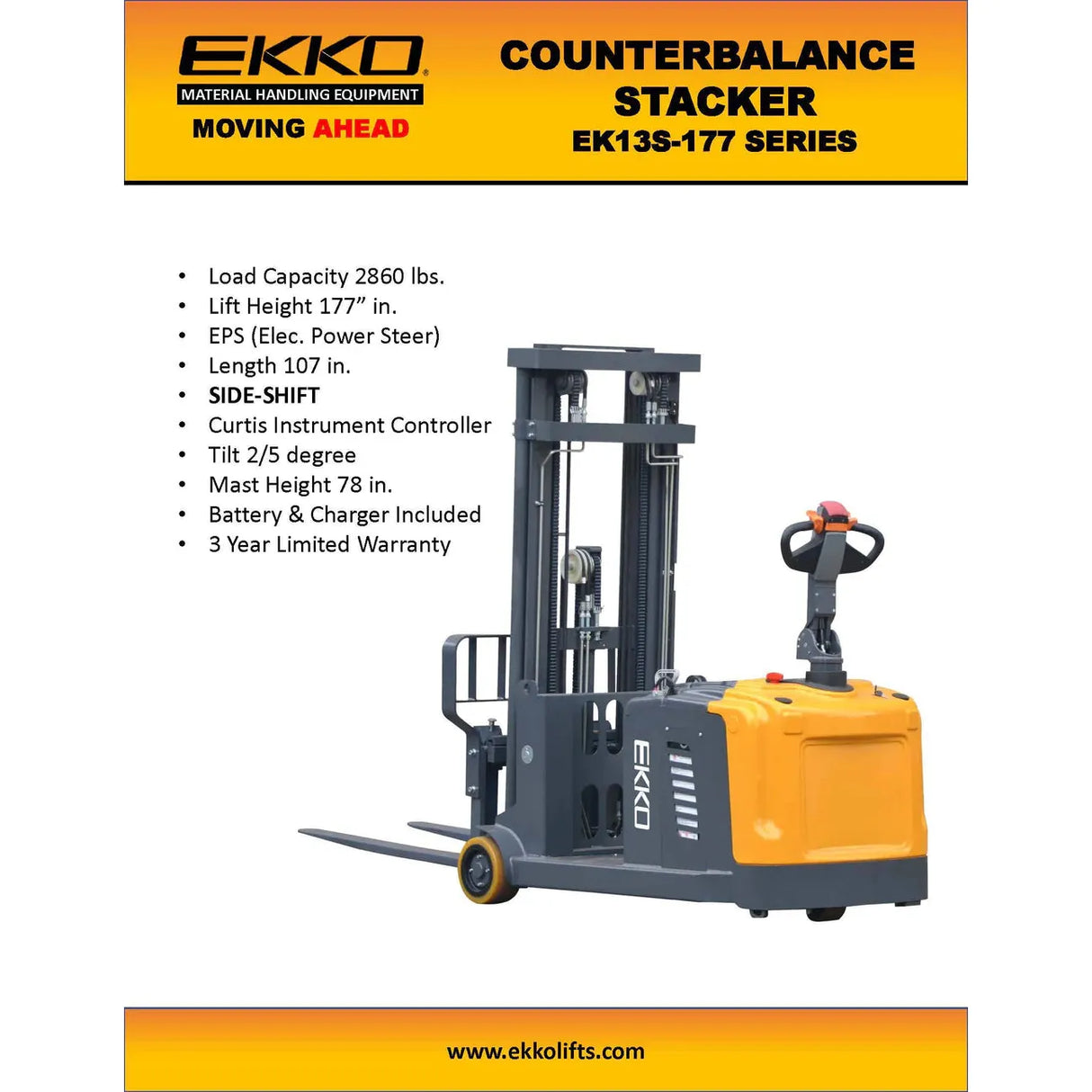 Electric Counterbalanced Walkie Stacker | 2860 lbs. | Lift Height 177''| EKKO EK13S-177