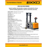 Electric Counterbalanced Walkie Stacker | 3300 lbs. Capacity | Lift Height 130''| EKKO EK14-130