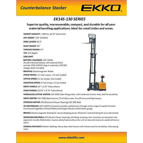 Electric Counterbalanced Walkie Stacker | 3300 lbs. | Lifting 130''| EKKO EK14S-130