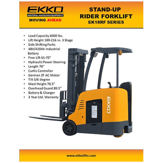 Electric Forklift | Stand up Rider | 4000 lbs. Capacity | Lift Height 189'' | EKKO EK18RFL