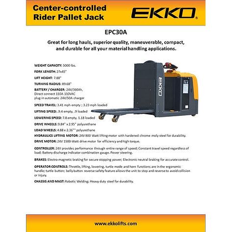Electric Pallet Jack |  Center-Controlled Rider | 5000 lbs Capacity | EKKO EPC30A