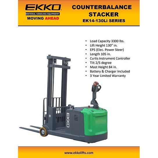 Counterbalanced Walkie Stacker | 3300 lbs Capacity | Raised Height 130'' | EKKO EK14S-130LI