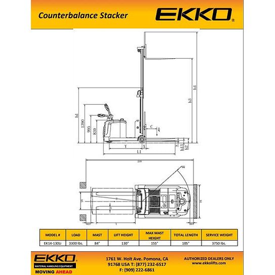 Counterbalanced Walkie Stacker | 3300 lbs Capacity | Raised Height 130'' | EKKO EK14S-130LI