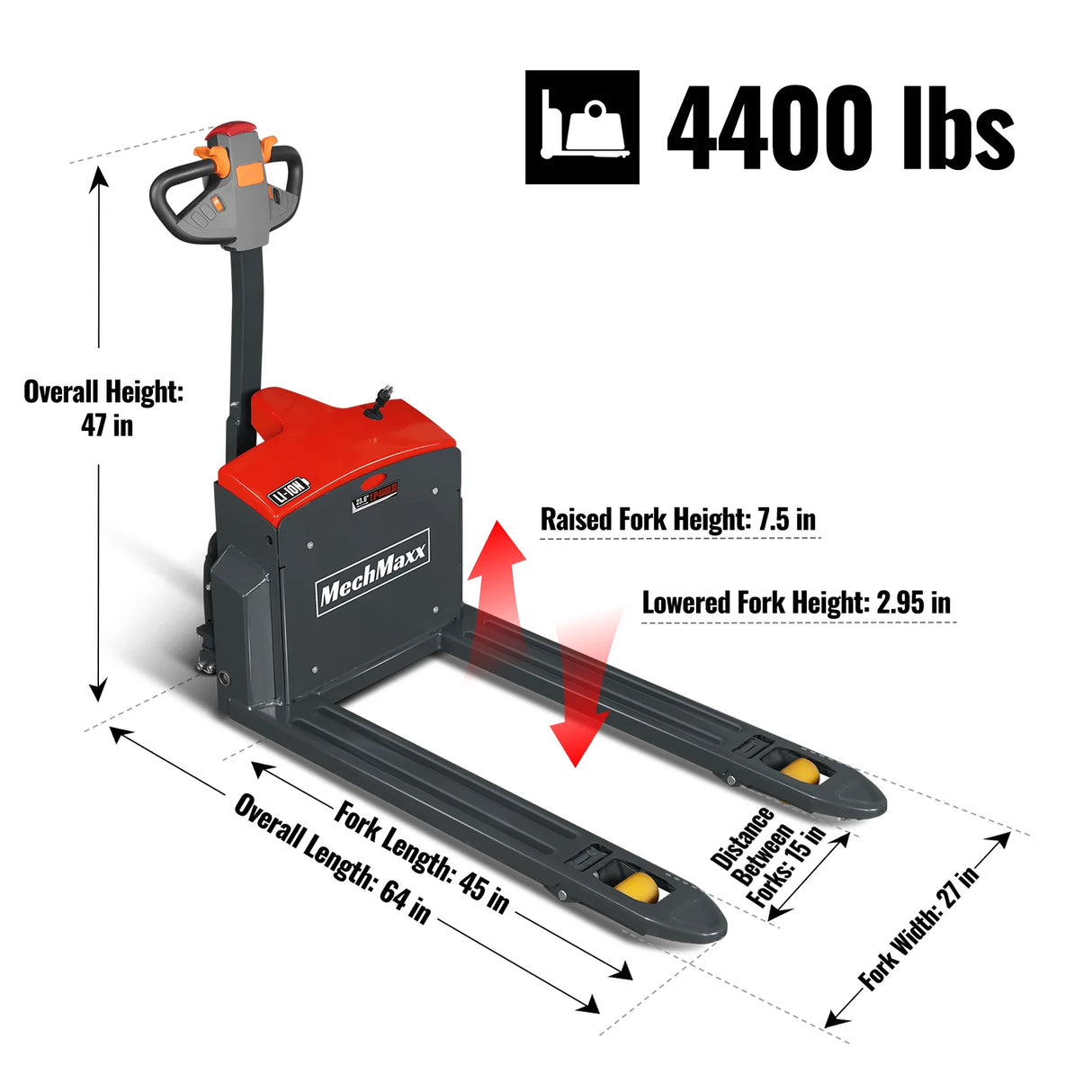 4400lbs Lithium-ion Electric Pallet Jack,  45"x27" Fork,  48V 50Ah Battery,  Walkie Type Truck,  EPT44