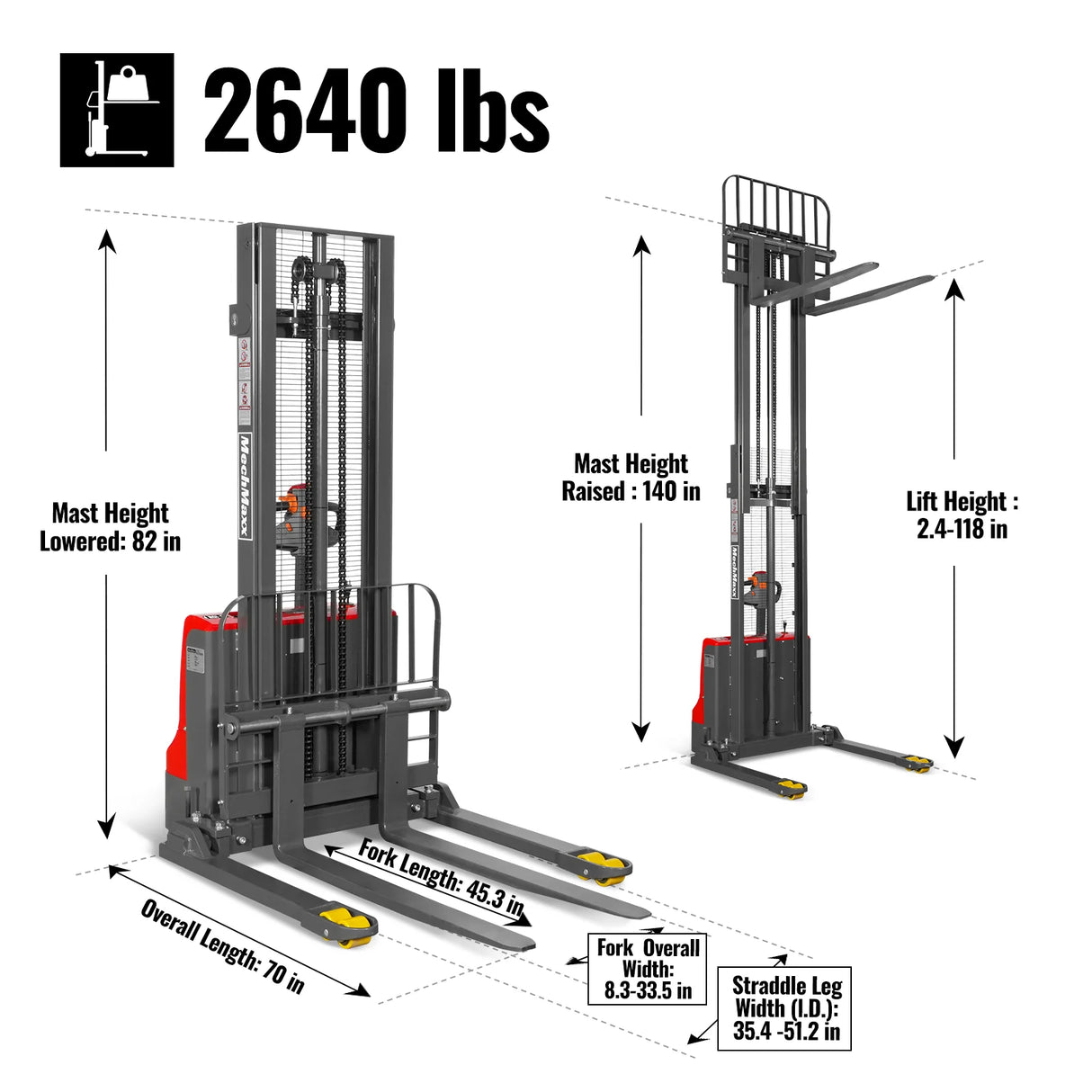 2640lbs Lithium-ion Electric Straddle Stacker,  118" Lift,  Adjustable Legs & Forks,  F26-118S