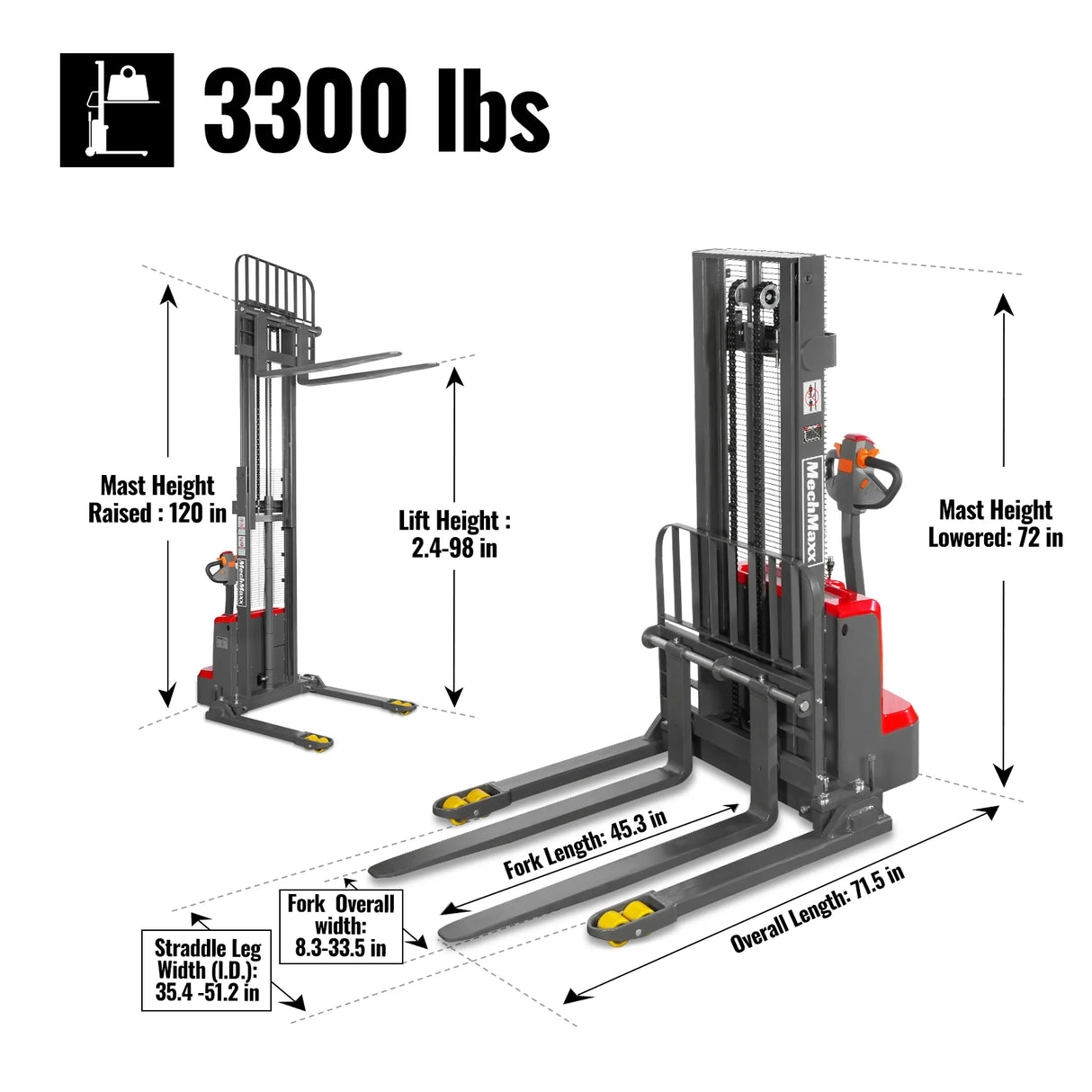 3300lbs Lithium-ion Electric Straddle Stacker,  98" Lift,  Adjustable Legs & Forks,  F33-98S