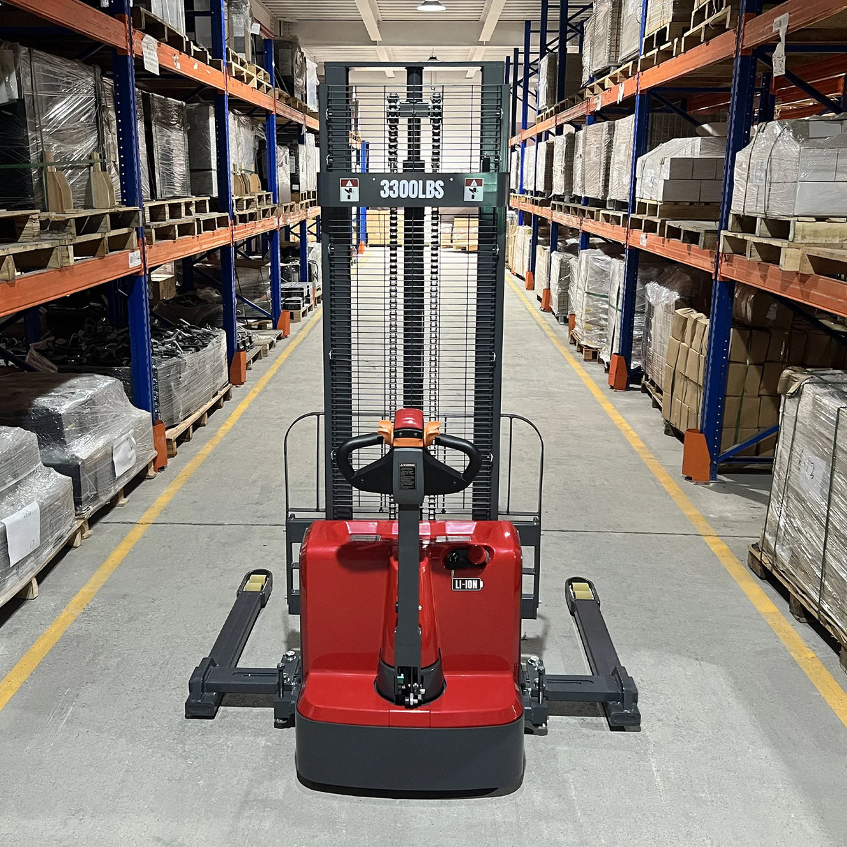 3300lbs Lithium-ion Electric Straddle Stacker,  98" Lift,  Adjustable Legs & Forks,  F33-98S