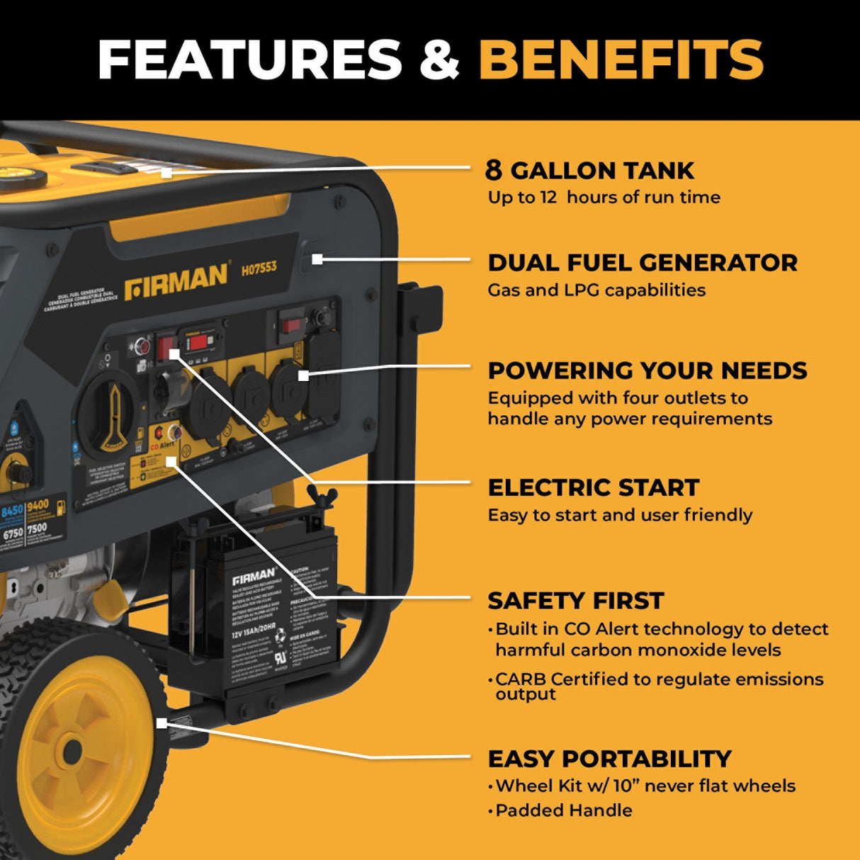 Dual Fuel Portable Generator 9400W Electric Start 120/240V with CO Alert