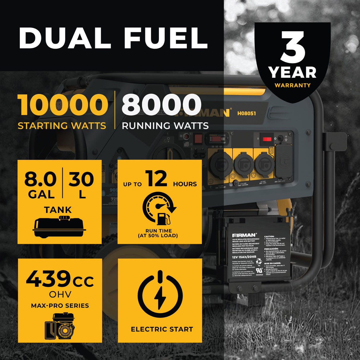 Dual Fuel Portable Generator 8000W Electric Start 120/240V