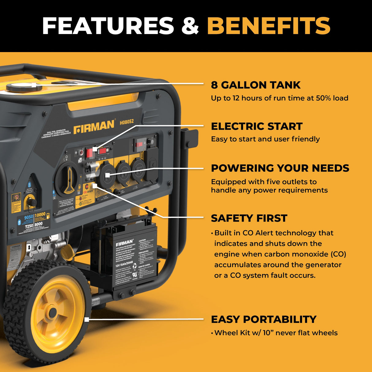 Dual Fuel Portable Generator 10000W Electric Start 120/240V with CO alert