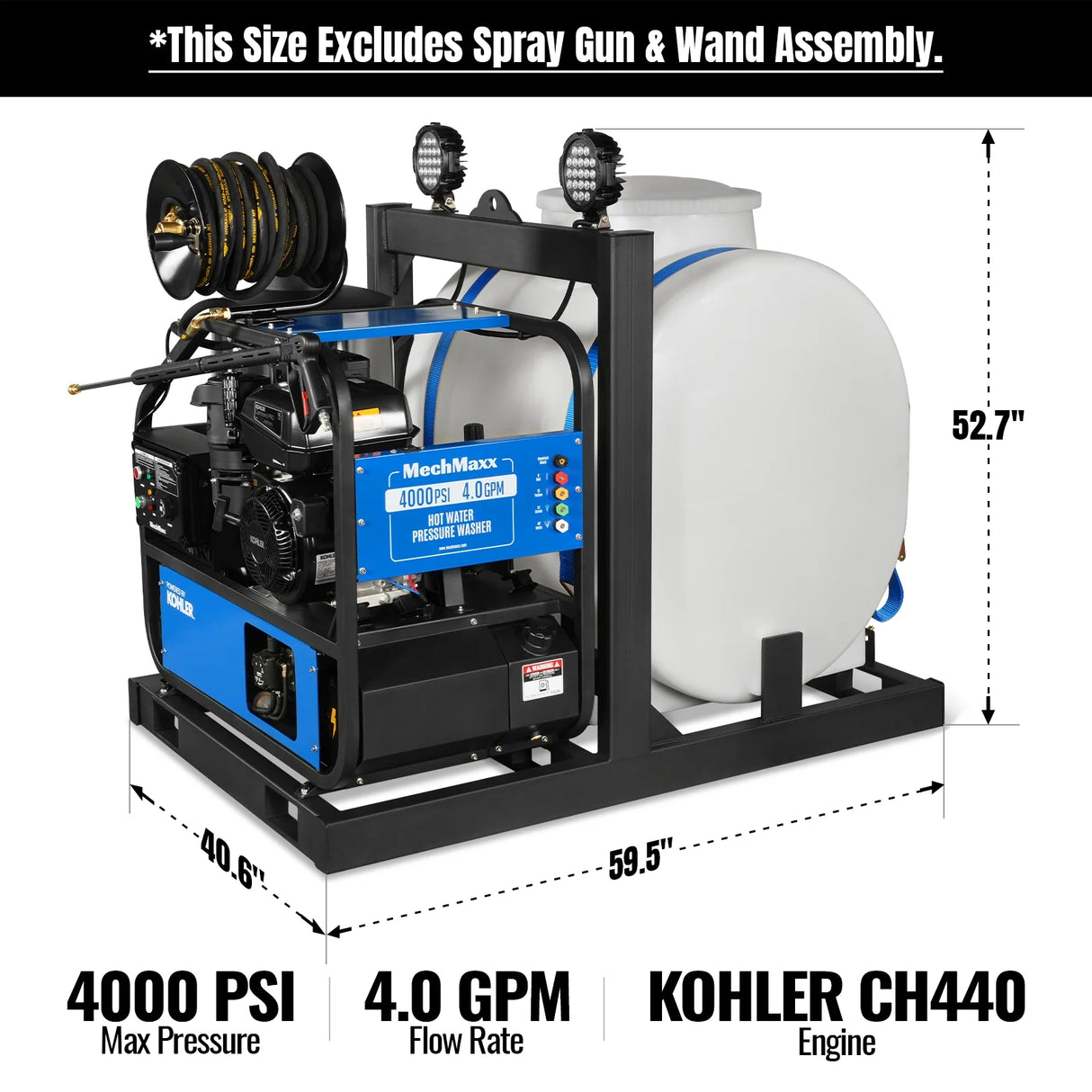 4000 PSI 4 GPM KOHLER E-Start Engine Hot Water Pressure Washer Skid Mounted with 175 Gal Tank,  HPW40KT