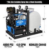 4000 PSI 4 GPM KOHLER E-Start Engine Hot Water Pressure Washer Skid Mounted with 175 Gal Tank,  HPW40KT