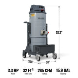 Industrial Wet/Dry Vacuum Cleaner with HEPA Filter Three Motor 3.3 HP 285 CFM 16 Gallon - 110V 1 Phase,  IVA3M