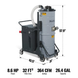 Industrial Wet/Dry Vacuum Cleaner with HEPA Filter Continuous Duty 8.6 HP 364 CFM 26.4 Gallon - 480V 3Phase,  IVB480
