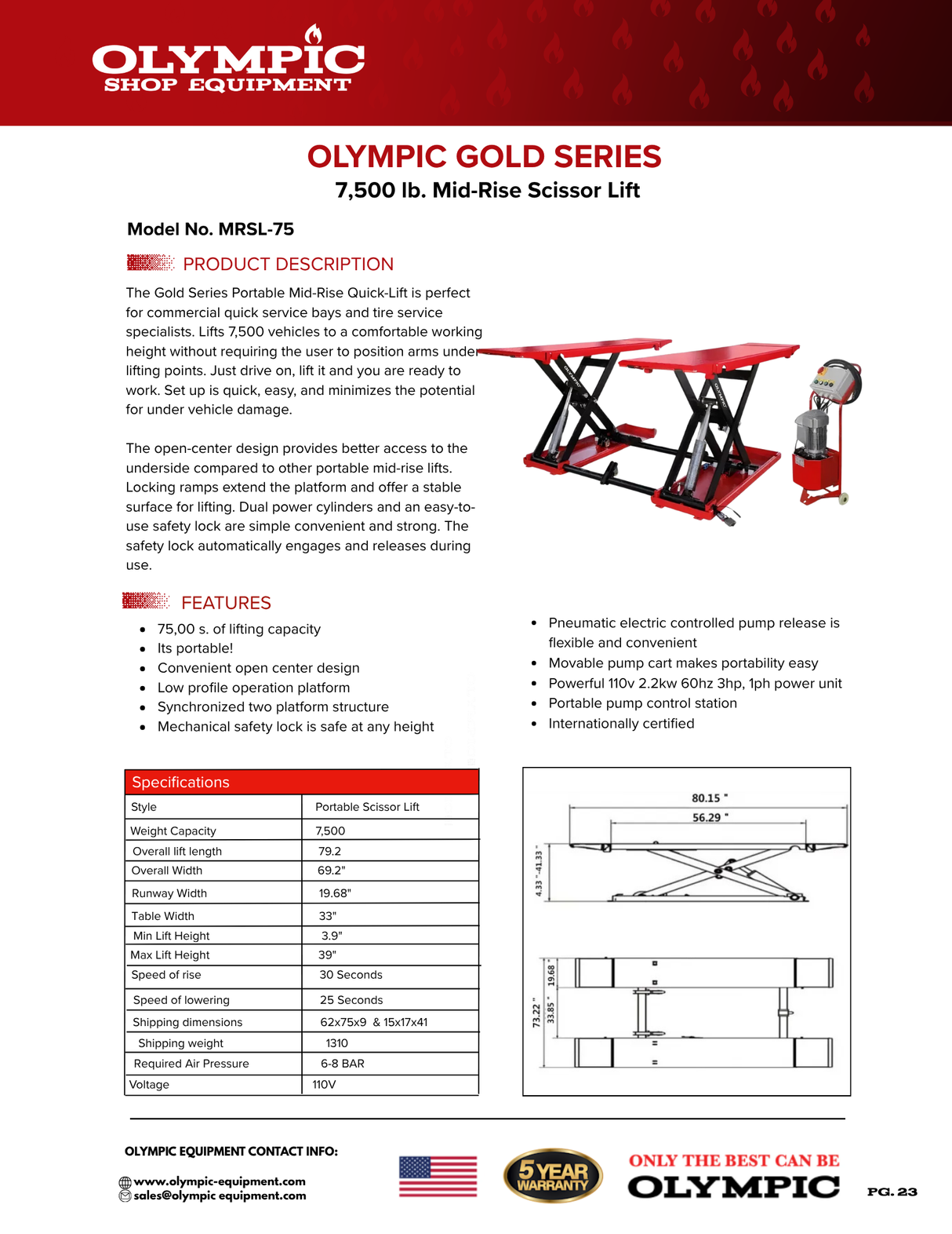 Olympic Equipment 7,500 lb Portable Mid-Rise Scissor Lift MRSL-75