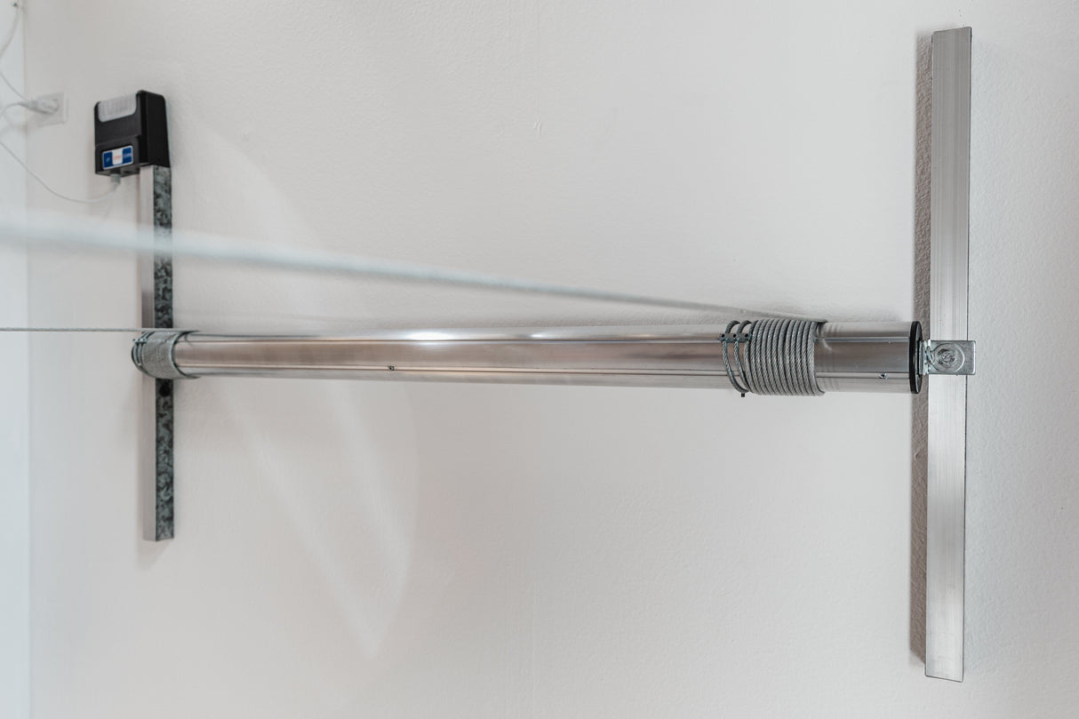 Close-up view of a heavy duty garage storage system's lifter motor mechanism.