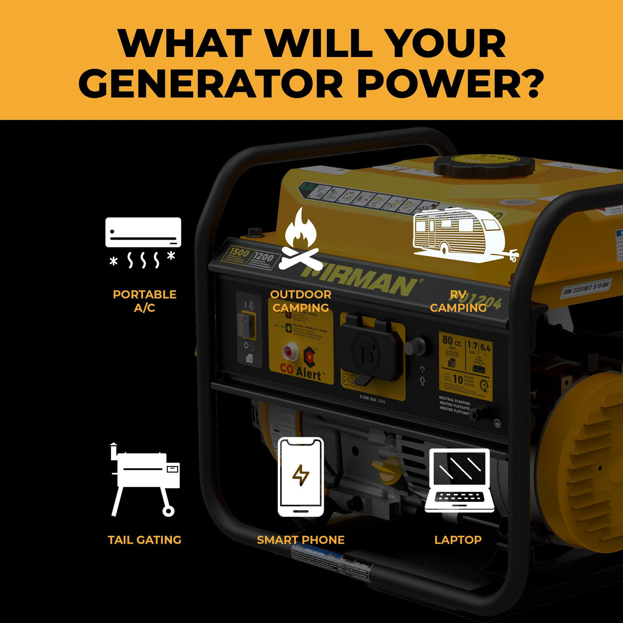 Gas Portable Generator 1500W Recoil Start with CO alert