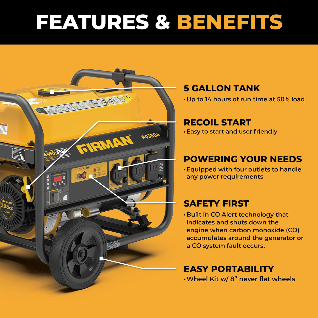 Gas Portable Generator 4450W Recoil Start 120V with CO alert
