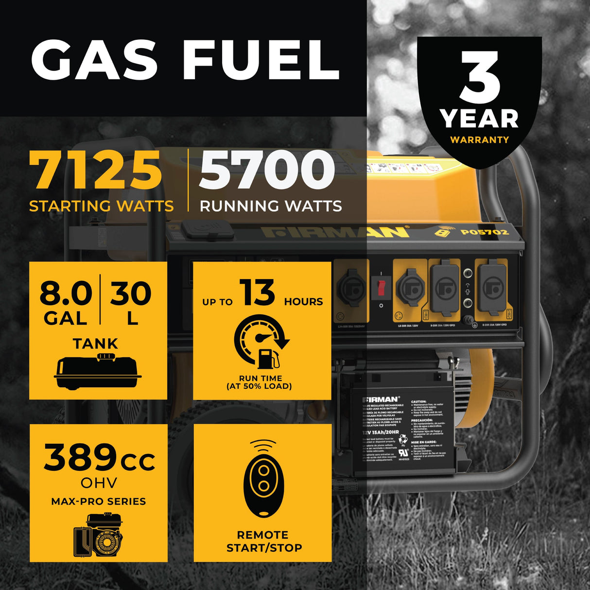 Gas Portable Generator 7125W Remote Start 120/240V