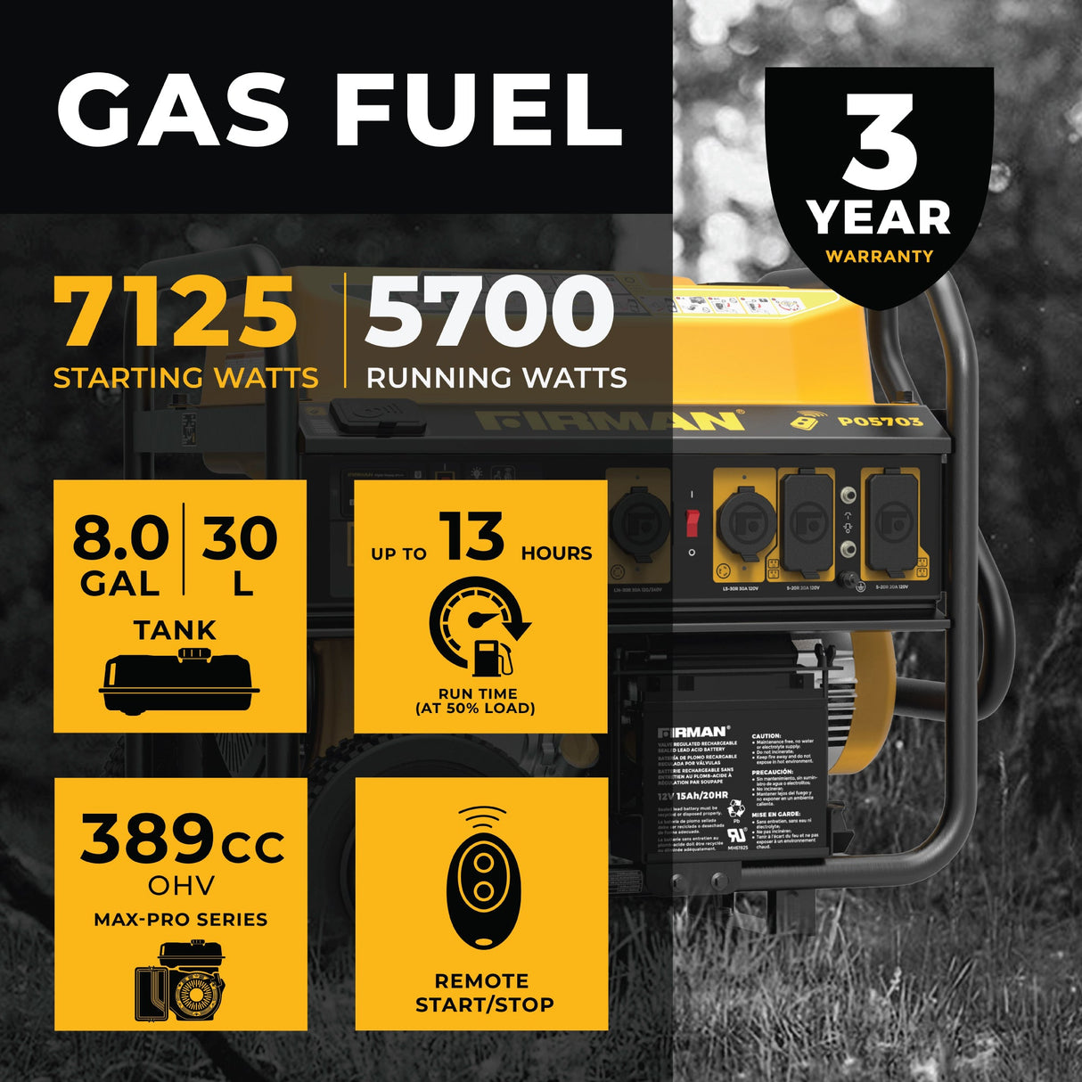 Gas Portable Generator 7125W Remote Start 120/240V