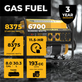 Gas Portable Generator 8375W Recoil Start 120/240V With CO Alert