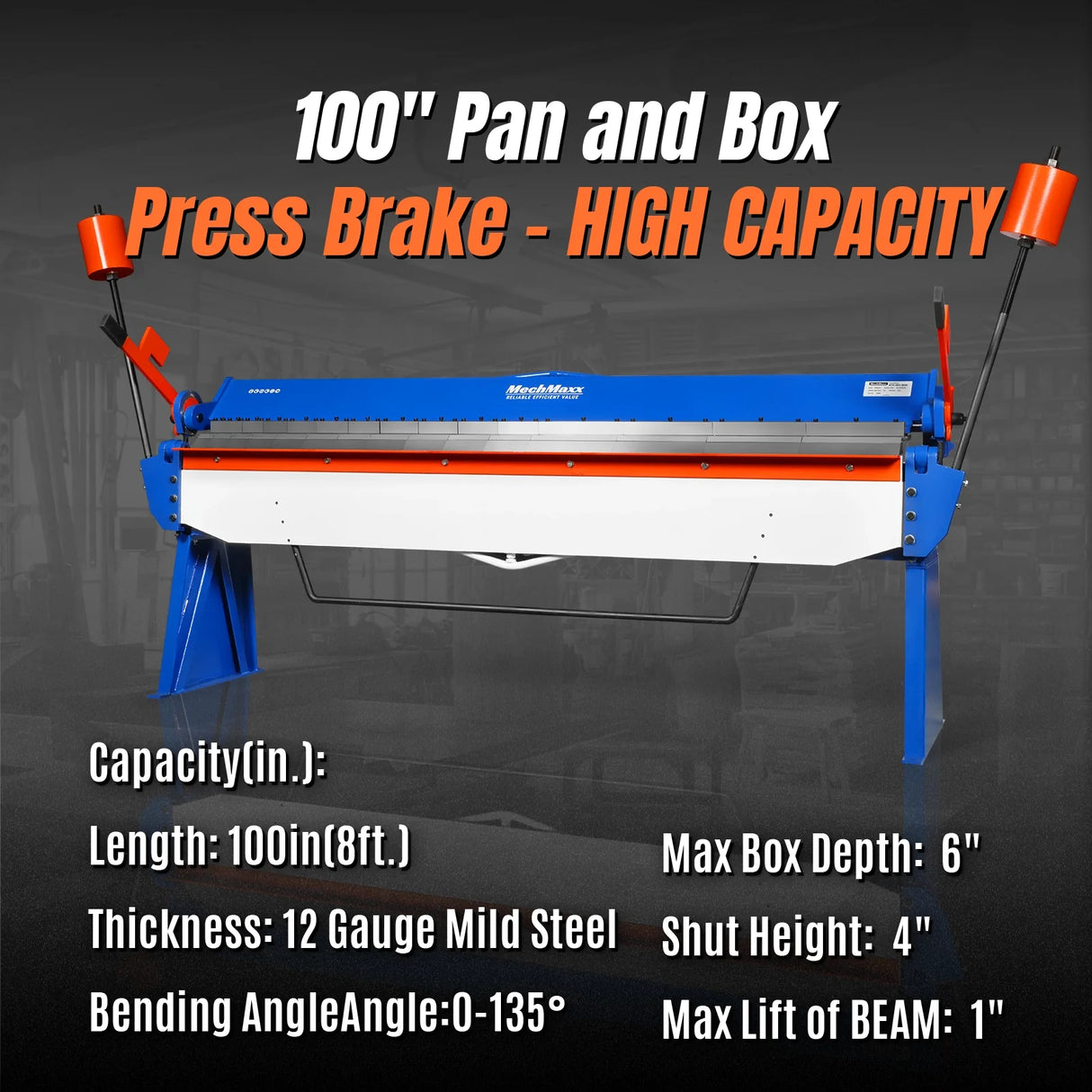 MechMaxx 100-inch Manual Sheet Metal Brake - 12 Gauge Bending Capacity, Adjustable Fingers, 8 Ft. Heavy-Duty Steel Construction, Precision Bending for Box and Pan PB10012