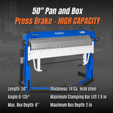 MechMaxx 50-Inch Foot Clamp Pan and Box Brake, Industrial Heavy Duty Sheet Metal Folding Machine, 0–135° Bending Angle, 1.9" Clamping Lift, 2" Box Depth PB2A5014