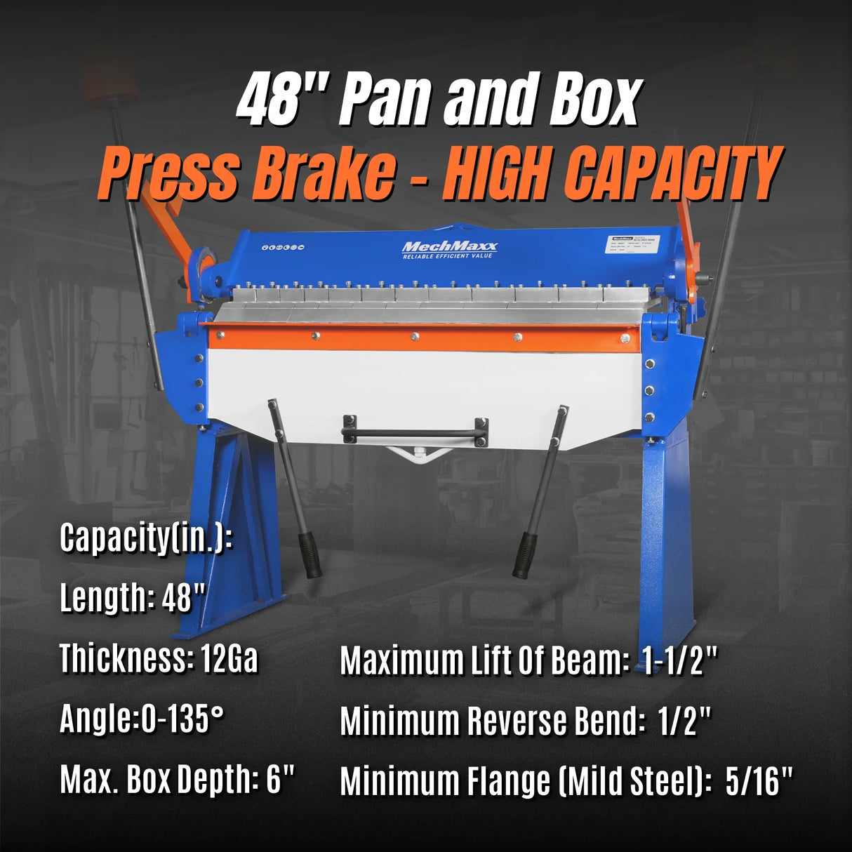 MechMaxx 48” Manual Pan and Box Brake - Heavy Duty, Durable Construction, 12 Gauge Mild Steel, 135° Bending Angle, Individual Bending Fingers" PB4812