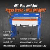 MechMaxx 48” Manual Pan and Box Brake - Heavy Duty, Durable Construction, 12 Gauge Mild Steel, 135° Bending Angle, Individual Bending Fingers" PB4812