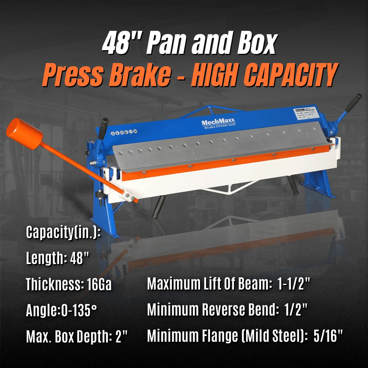 MechMaxx 48" Manual Pan and Box Brake - 16 Gauge Mild Steel Capacity, 135° Bending Angle, 16 Precision Fingers, Durable Construction for Accurate Bends"