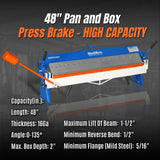 MechMaxx 48" Manual Pan and Box Brake - 16 Gauge Mild Steel Capacity, 135° Bending Angle, 16 Precision Fingers, Durable Construction for Accurate Bends"