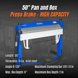 MechMaxx 50-Inch Foot Clamp Pan and Box Brake, Light Duty Sheet Metal Folding Machine, 0–135° Bending Angle, 1.9" Clamping Lift, 2" Box Depth PBA5014