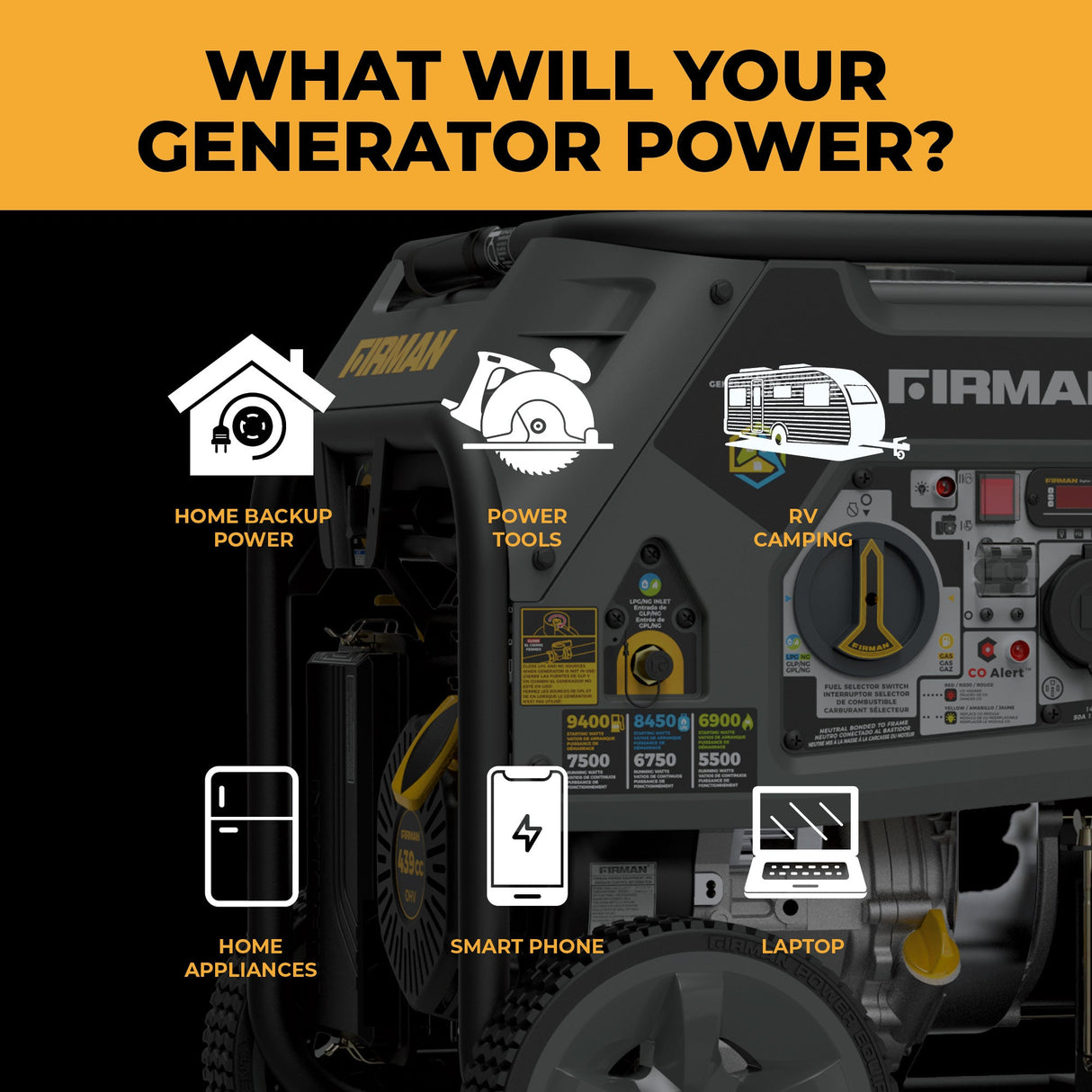 Refurbished Tri Fuel Portable Generator 9400W Electric Start 120/240V with CO Alert