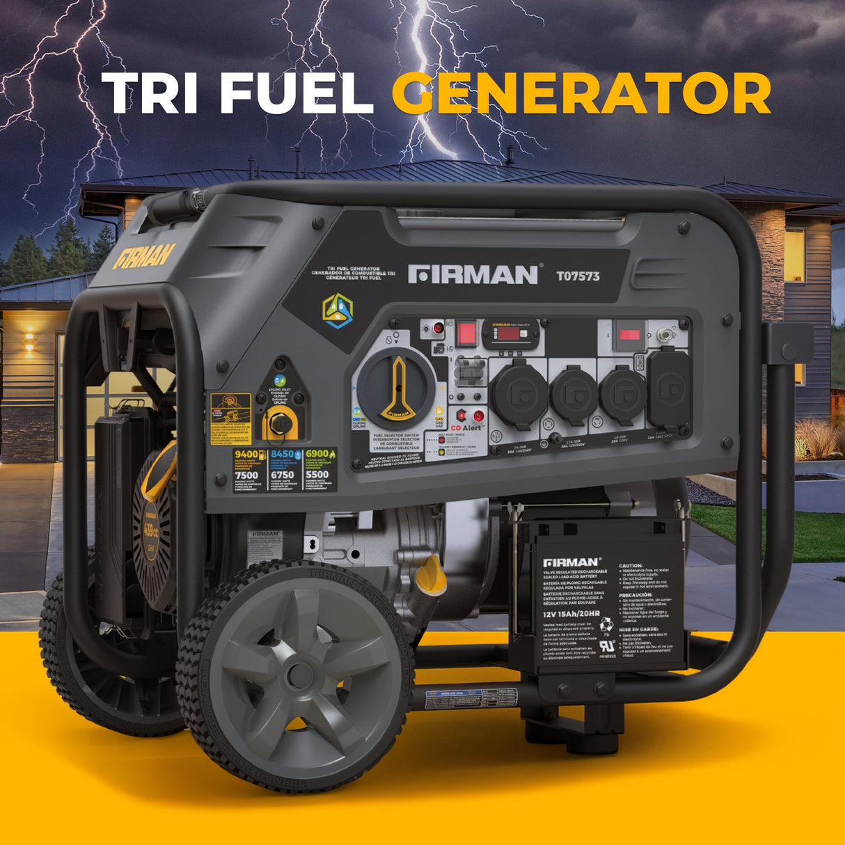 Tri Fuel Portable Generator 9400W Electric Start 120/240V with CO Alert